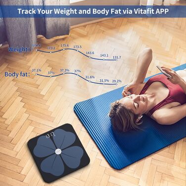 Цифрові ваги для ванної кімнати Vitafit Fat Scale, Bluetooth ваги складу тіла з додатком, розумні ваги для жиру в організмі, ІМТ, м'язової маси, білка, BMR, чорний