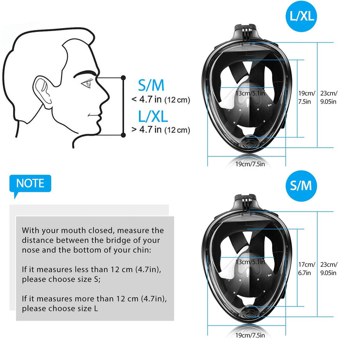 Маска для підводного плавання HINATAA, 180 на все обличчя, маска для дайвінгу, вільне дихання, технологія захисту від запотівання та витоку з регульованими пов'язками на голову для дорослих, підлітків, дітей (чорна, L-XL)