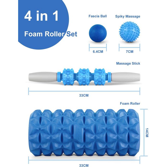 Набір роликів Glymnis Fascia 4 в 1 з масажером і м'ячами (синій)