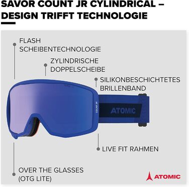 Циліндричні гірськолижні окуляри ATOMIC Count JR для дітей - Синій - Зручна оправа Live Fit - Поверх окулярів, сумісна з окулярами - Clear Vision - Ремінець для окулярів з силіконовим покриттям