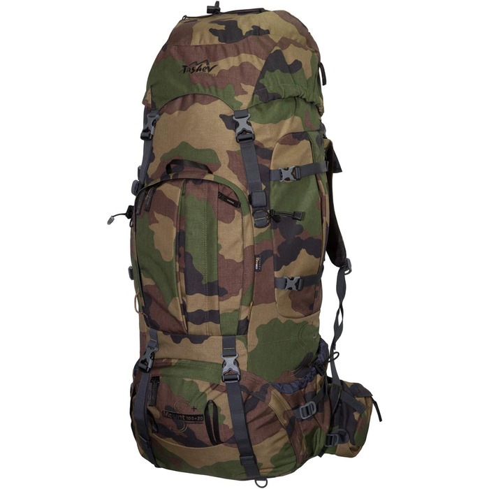 Туристичний рюкзак Tashev Outdoors 100+20 л, камуфляж, для жінок і чоловіків, фронтальний і верхній завантаження, з дощовиком, вироблено в ЄС