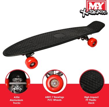 Чорний пластиковий скейтборд M.Y X-SKATE Complete 55,9 см для початківців, ретро скейтборд для дітей, підлітків та дорослих, вафельний стиль, кулькові підшипники ABEC 7 для трюків та круїзів