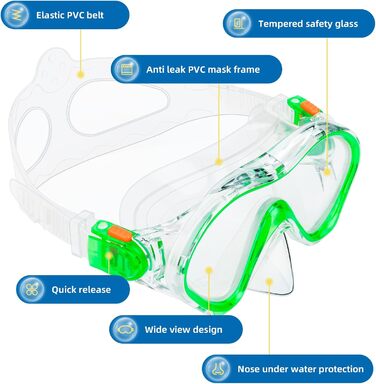 Набір трубок для дітей, Окуляри для дайвінгу та сухі трубки, Дитячі окуляри з легким диханням Суха трубка, Маска для дайвінгу Panoramic View Маска для підводного плавання Набір для дайвінгу (зелений)
