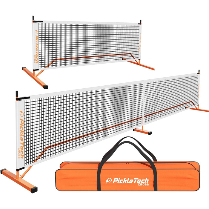 Версія PICKLETECH 6.0 Cross, портативна сітка 2-в-1 для піклболу, гра на відкритому повітрі, 6,0 м і половина корту 3,5 м, сітка для піклболу, регулювання USAPA, система сітки для піклболу розміру з сумкою для перенесення для помаранчевого/західного шевро