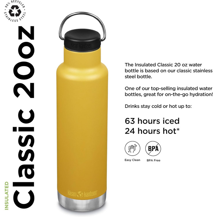 Термобутилка Klean Kanteen Classic з петлевою кришкою, універсальна, жовта