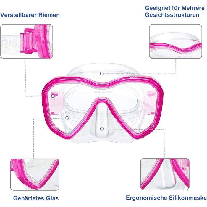 Набір для дайвінгу Dorlle Kids Snorkel Mask з 3-канальним сухим трубкою преміум-класу та окулярами для дайвінгу проти запотівання Професійний набір трубок для дітей (рожевий)