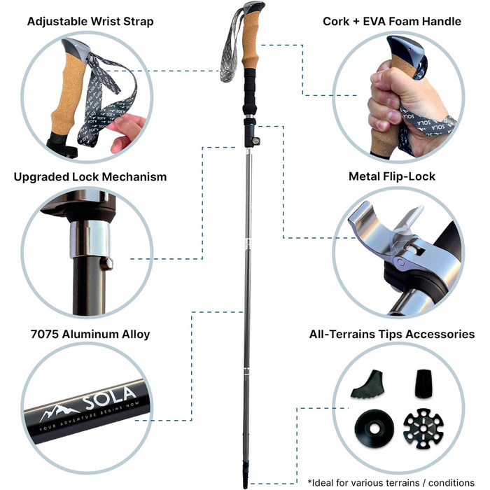 Туристичні палиці SOLA Складні, легкі, складні, виготовлені з алюмінієвого сплаву 7075 з корковими ручками, для трекінгу, скандинавської ходьби, кемпінгу сталь сіра або (2 шт. и) (сталь сіра)