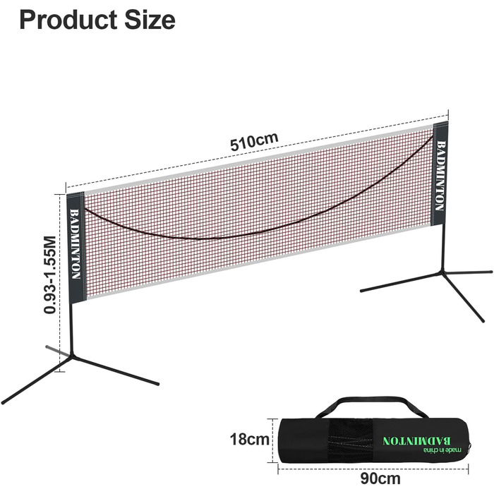 Сітка для бадмінтону Ollewiellan, волейбольна сітка, регульована по висоті підставка та сумка для перенесення, легко збирається та розбирається, ідеальна спортивна сітка для тенісу, бадмінтону або волейболу (510 см)