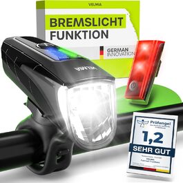 Набір велосипедних LED фар VELMIA, StVZO, USB-акумулятор, водостійкі, 8,5 год роботи, переднє 70 Люкс + заднє світло, золото