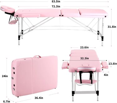 Портативний масажний стіл Panana Складний 3-зонний масажний стіл з регулюванням висоти з підголівником і підлокітниками Масажна лавка Алюмінієвий тату-стіл (рожевий)