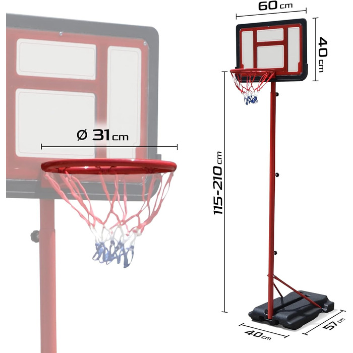Баскетбольне кільце Баскетбольна стійка Баскетбольний майданчик зі стійкою та дошкою, висота кільця з регулюванням висоти 115-210 см для приміщень та вулиці