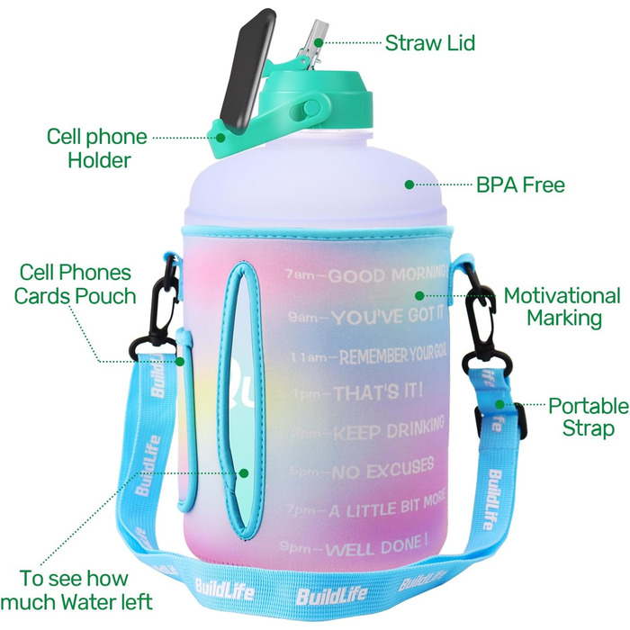 Пляшка для води QuiFit 3,6 л з трубочкою, мотиваційною розміткою, BPA-free, герметична, для спорту, фітнесу, вуличних занять, багаторазова, фіолетово-зелена