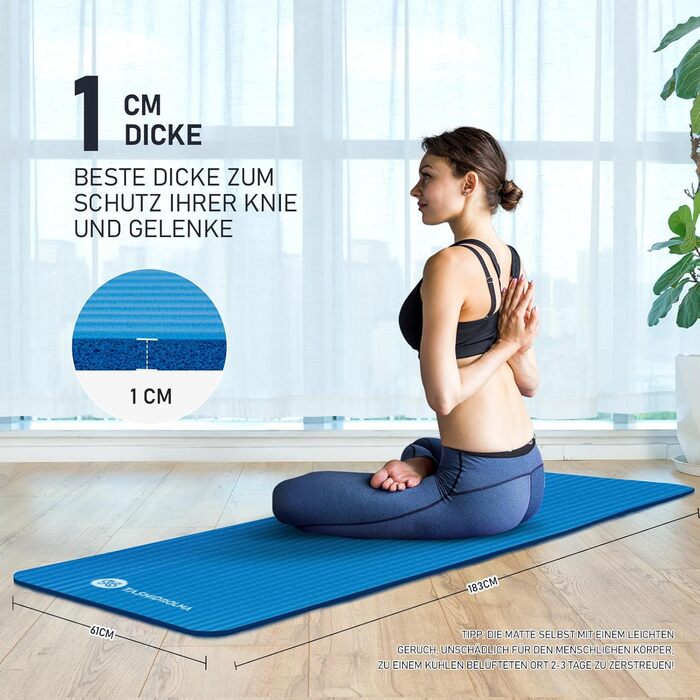 Килимок для йоги TASHIDROLMA Thicker, NBR Yoga Mat Non-Slip з ременем для перенесення, для гімнастичного килимка, Фітнес-килимок, Спортивний килимок, Тренувальний килимок, товщина 1см (183x61см) Синій