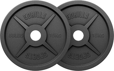 Олімпійські вагові пластини GORILLA SPORTS - 1,25 кг, 2,5 кг, 5 кг, 10 кг, 15 кг, 20 кг, 25 кг, 30 кг, отвір 50 мм, чавун, одинарний/комплект - вагові пластини, набір вагових пластин, гантелі (30 кг (2x15 кг))