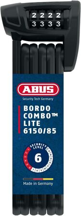 Велозамок складаний ABUS Bordo Combo Lite 6150/85, кодовий, 85 см, чорний, легкий, рівень безпеки 6, сталь, з чохлом