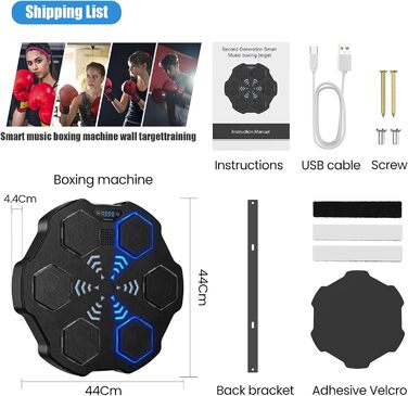 Музична боксерська машина, розумна електронна боксерська машина Світлодіодна настінна мішень для боксу з музикою, підтримує Bluetooth, регулювання швидкості, режим підрахунку калорій, режим хронометражу, для дорослих і дітей