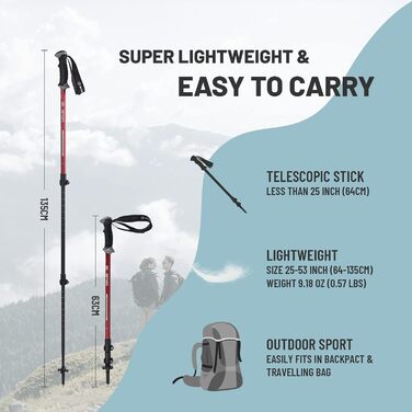 Трекінгові туристичні палиці Алюмінієві туристичні палиці з швидкорегульованими замками - Ручка для комфорту - М'який ремінь - Кошики для снігу прикріплені - підходять для піших прогулянок, прогулянок (червоні), 2 GO2GETHER