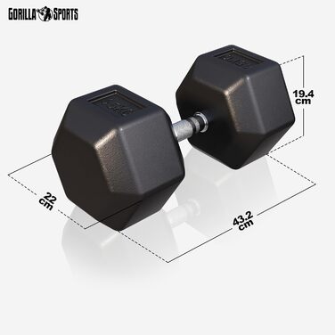 Гантелі GORILLA SPORTS Hexagon - Гирі 2-50 кг, з/без полиці, Чавунні прогумовані, Не ковзають, Рифлена ручка, Хромовані, Чорні - Шестигранні гантелі, Гантель, Силові тренування, Фітнес (т) 45 кг)