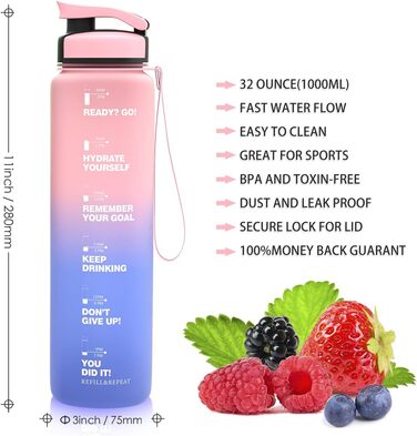 Бутилка для води ZORRI 900 мл, BPA-free, з часовою та вимірювальною шкалою, герметична, легка, спортивна, для школи, фітнесу, зелена/фіолетова