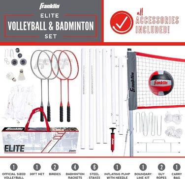 Комбіновані набори для бадмінтону Franklin Sports Volleyball Badminton Backyard Пляжний волейбол на відкритому повітрі Набір сіток для бадмінтону - Портативний бадмінтон волейбольна сітка з брусами - Волейбол, Ракетки Пташки (Elite)