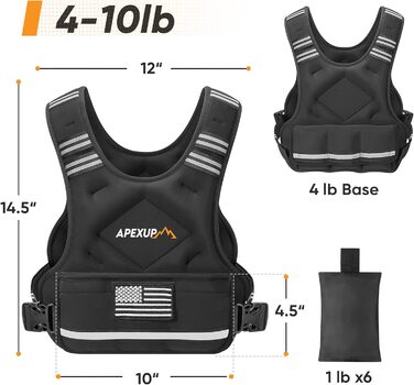 APEXUP Регульована вага жилета 1,8–14,5 кг з 6 залізо-піщаними вантажами і великою кишенею для силових тренувань, бігу, ходьби, унісекс