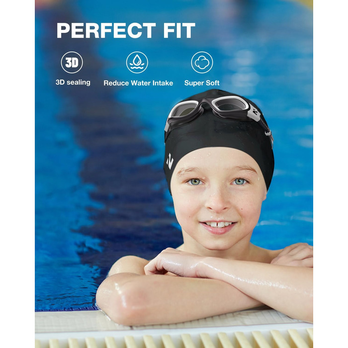 Окуляри для плавання ZIONOR Kids Swim Cap, Окуляри для плавання G1MINI Polarized Anti Fog із захистом від ультрафіолету для дівчаток і хлопчиків (8-14 років) (BlackWhite-Clear-No Polarized, чорна шапочка для плавання)