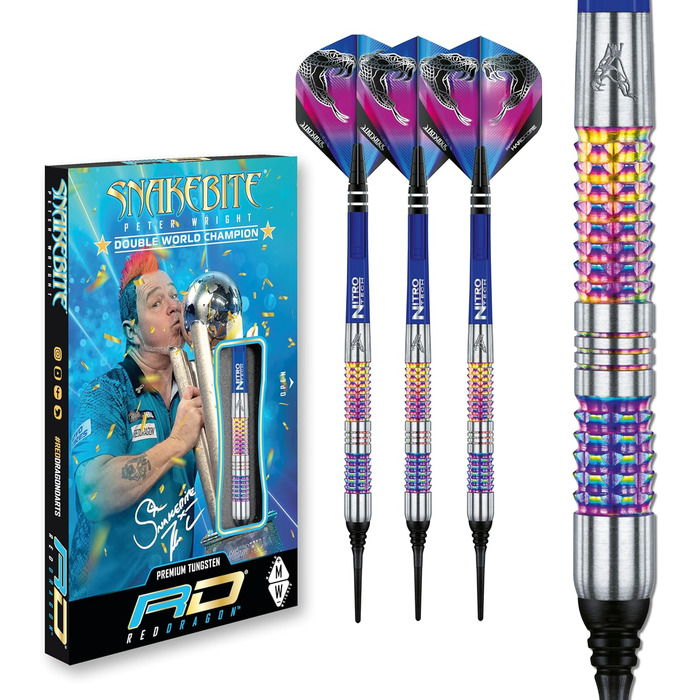 Дартси Red Dragon Peter Wright Snakebite Rainbow Mamba 18 г, 90% вольфрам, софт-тіп, з насадками Snakebite та карткою Checkout