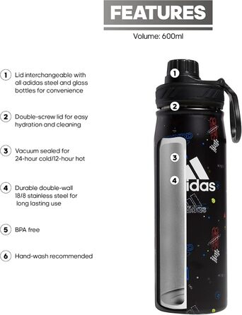 Пляшка для води adidas 600 мл, металева, термоізольована, з нержавіючої сталі 18/8, для гарячих і холодних напоїв, синя/лаймова