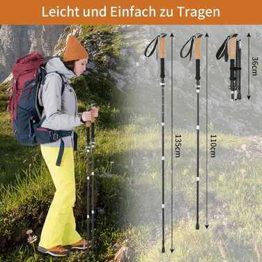 Туристичні палиці FAEFTY складні, палиці для скандинавської ходьби жінки чоловіки, трекінгові палиці складні туристичні палиці телескопічні, регульовані, легкі алюмінієві 110-135см з корковою ручкою та 4 парами гумових бамперів