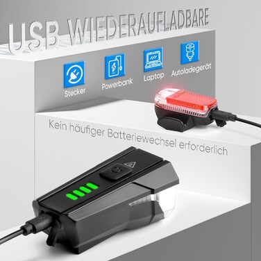 LED набір велосипедних фар 100 LUX, StVZO, USB заряджання, водонепроникний IPX4, передня та задня фара з індикатором заряду