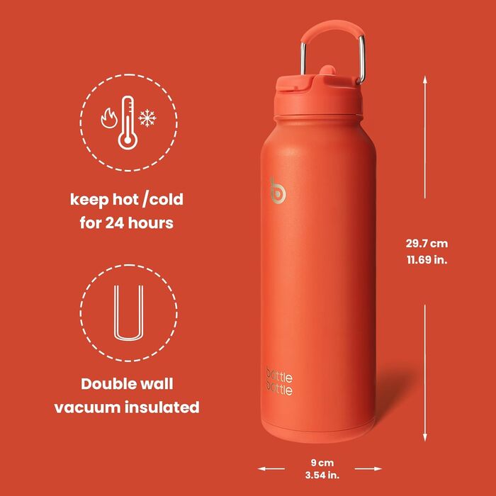 Спортивна пляшка bottlebottle, 1 л, нержавіюча сталь, ізольована, зі зручним трубочкою та контейнером для пігулок, помаранчева