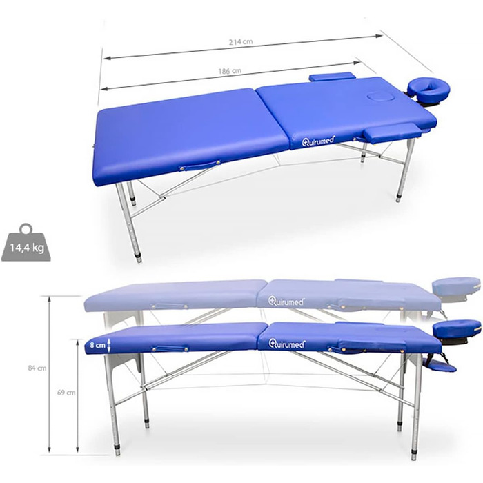 Складаний масажний стіл з алюмінію Easy, синій, 186 х 66 см, масажний стіл, штучна шкіра, легкий, портативний, телескопічне регулювання висоти, до 140 кг
