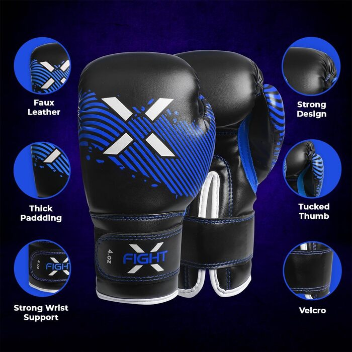Дитячі боксерські рукавички FightX Junior 170 г, сині, PU, для тренувань та спарингів, для хлопчиків і дівчаток, MMA
