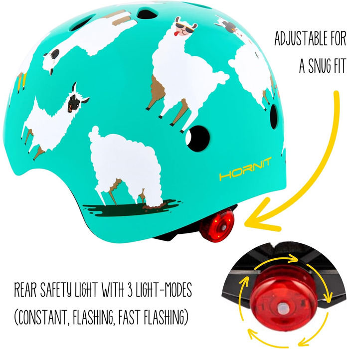 Дитячий шолом Hornit Велосипедний шолом для дівчаток і хлопчиків чоловіків і жінок - повністю регульований - Світлодіодний задній ліхтар - для велосипеда, BMX, картингу, самоката або скейтборду (маленький (48-53см), Lazy Llama)