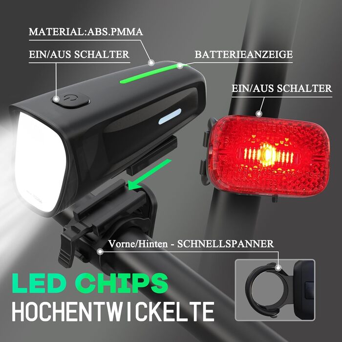 LED набір велосипедного світла MUPAS 100 LUX, StVZO, USB, IPX5, передня та задня лампа з індикатором батареї, Type-C