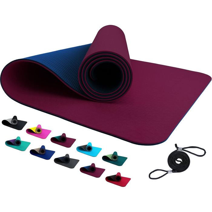 Килимок для тренувань FLXYA TPE Yoga Mat без фталатів 183 x 61 x 0,6 см, додатково з NBR Yoga Pad 25 x 61 x 1.5 см, не ковзає, подушки для фітнесу Подушка для коліна Подушка для йоги Килимок для занять спортом Пілатес малий ремінь для перенесення (баклажа