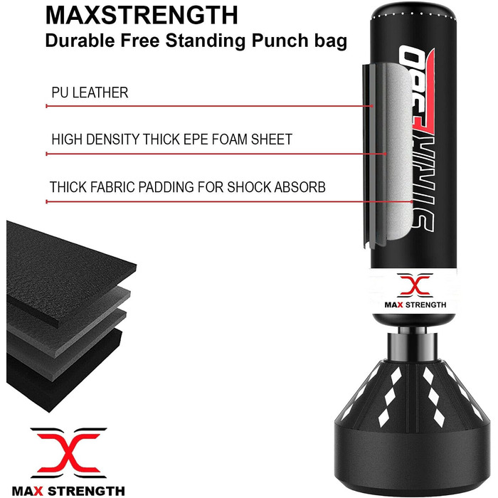 Боксерська груша для боксу або кікбоксингу MaxStrength стоячи, Єдиноборства, Тренажери для ММА, Міцна стійка для мішеней, Боксерські груші 1,7 м, 1,8 м Black/White Strike 360 182 сантиметри