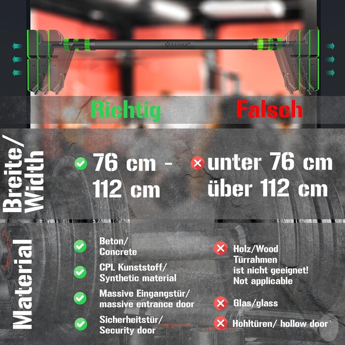 Дверна рама турніка KESSER регульована, турнік для домашнього тренажерного залу, турнік без гвинтів/свердління, 76-112 см висувний, вантажопідйомність до 300 кг і нековзні ручки, в т.ч. стрічки опору (зелений)