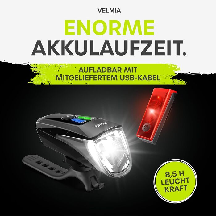 Набір велосипедних LED фар VELMIA, StVZO, USB-акумулятор, водостійкі, 8,5 год роботи, переднє 70 Люкс + заднє світло, золото