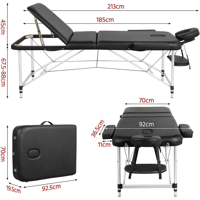 Мобільний масажний стіл Yaheetech 3 зони Масажне ліжко Масажний стіл шириною 70 см Регульований по висоті терапевтичний стіл Алюмінієві ніжки з підголівником і сумкою для перенесення Завантаження до 250 кг 213 x 92 см Чорний