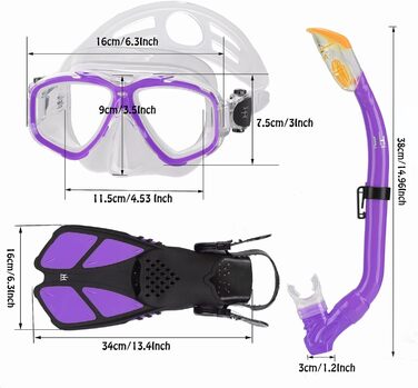 Набір трубок для дітей з ластами, окуляри для дайвінгу з панорамним видом на 180 для дітей, регульовані ласти для плавання, високоякісна маска для дайвінгу та фіолетова трубка з сухим верхом