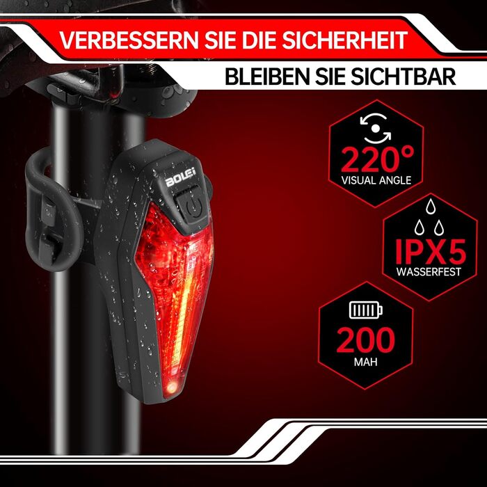 LED набір велосипедних фар 100 ЛКС, StVZO, USB, водостійкий IPX5, переднє та заднє світло з індикатором низького заряду батареї