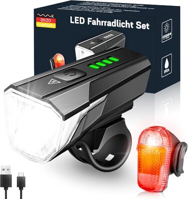 LED набір велосипедних фар 100 LUX, StVZO, USB заряджання, водонепроникний IPX4, передня та задня фара з індикатором заряду