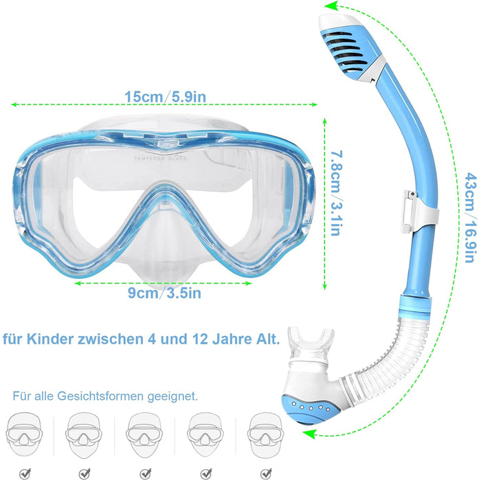 Набір трубок Anti-Leak/Fog для дітей 4-12 років, маска 180, синій