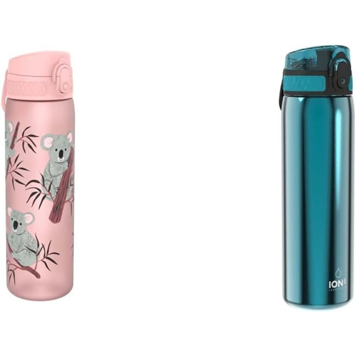Пляшка для води Ion8, герметична, BPA-free, 500 мл, з коалами, та пляшка для води Ion8, нержавіюча сталь, 600 мл, бірюзова