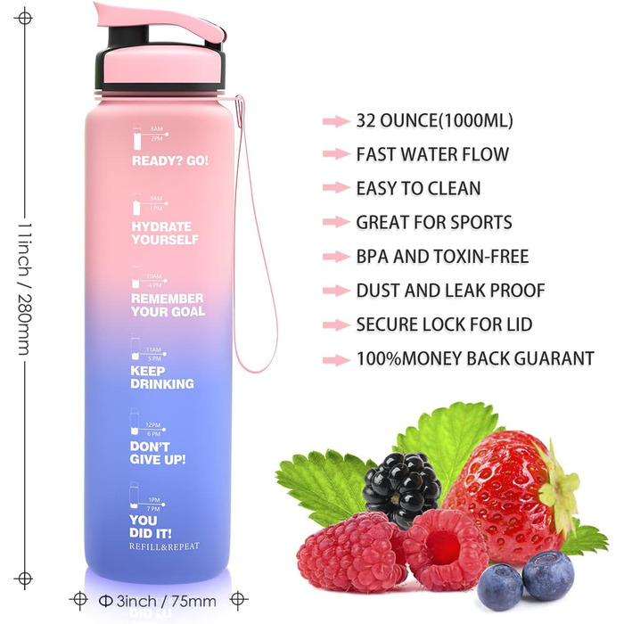 Бутилка для води ZORRI 900 мл, BPA-free, з часовою та вимірювальною шкалою, герметична, легка, спортивна, для школи, фітнесу, зелена/фіолетова