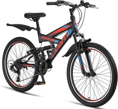 Гірський велосипед Licorne Bike PREMIUM Strong V 24 і 26 дюймів - велосипед для хлопчиків, дівчаток, жінок і чоловіків - 21 швидкісна передача - повна підвіска (чорний/синій/помаранчевий, 24,0 дюйма)