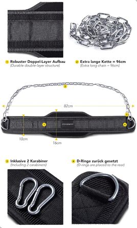 З ланцюгом 2 карабіни, Dip Belt для бодібілдингу, силових тренувань, важкої атлетики - пояс для важкої атлетики, пояс з обтяженнями чорний One size