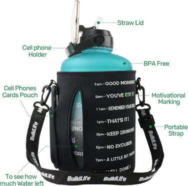Пляшка для води QuiFit 3.8 л з трубочкою, мотиваційною розміткою, BPA-free, герметична, для спорту та фітнесу, зелено-чорна з чохлом
