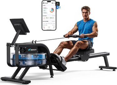 Водний гребний тренажер MERACH для дому, 15 л опір, Bluetooth, додаток, тримач для iPad, ергономічне сидіння, вертикальне зберігання